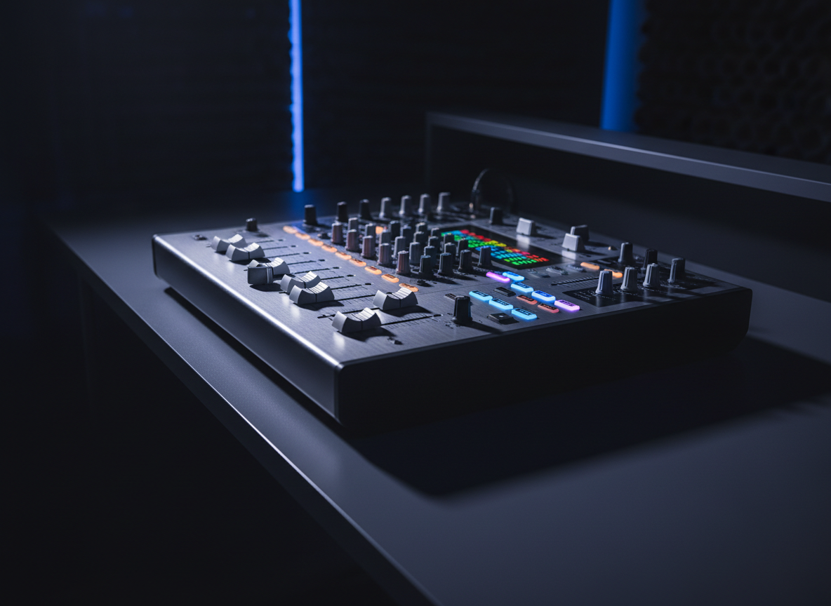 Professional HTX audio mixer with glowing controls on a dark studio background