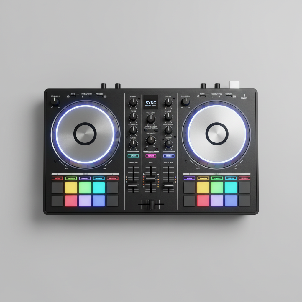 Portable HTX DJ controller mixer with jog wheels and pads